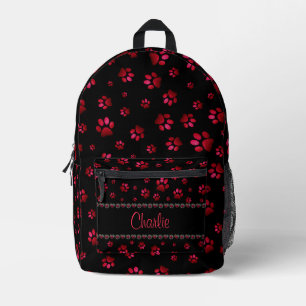 Custom name, red glitter dog paws printed backpack