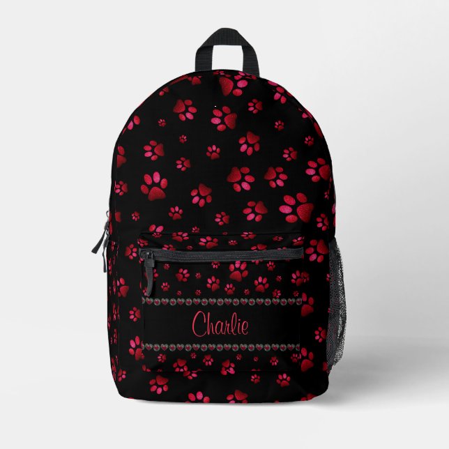 Custom name, red glitter dog paws printed backpack (Front)