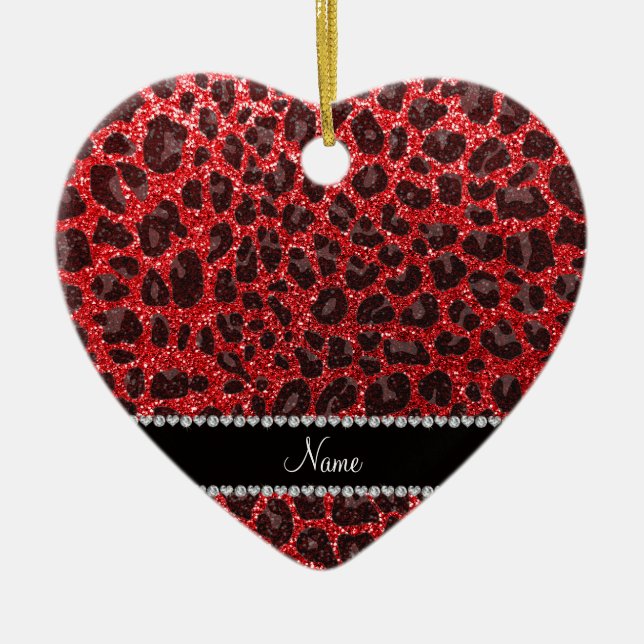 Custom name red glitter leopard spots ceramic ornament (Front)