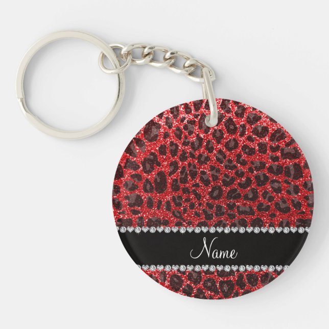 Custom name red glitter leopard spots keychain (Front)