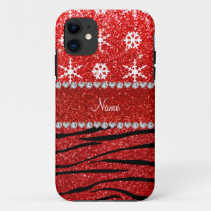 Custom name red glitter zebra snowflakes iPhone 11 case