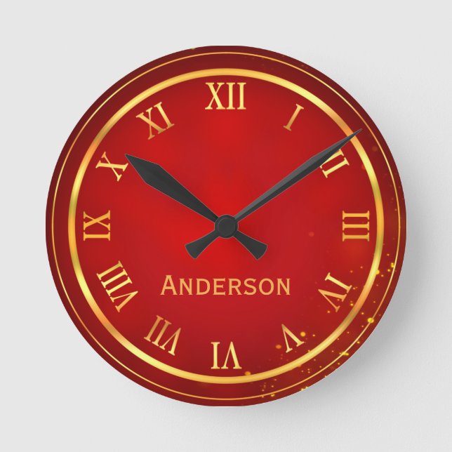 Custom Name Red Gold Classy Elegant Roman Round Clock (Front)