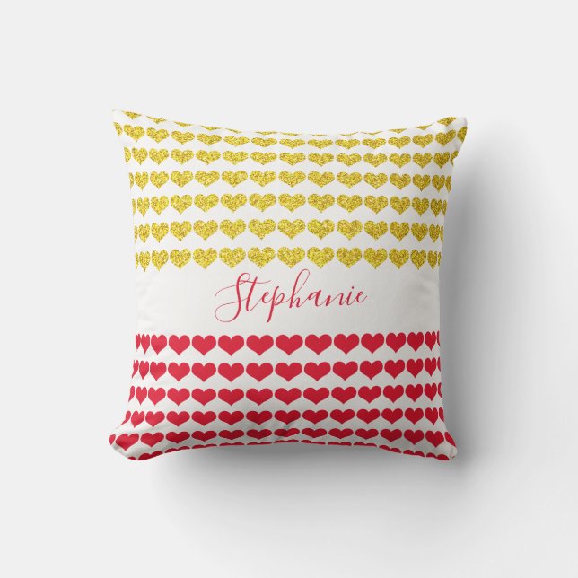 Custom Name Red Gold Glittery Hearts Gift Favour Outdoor Pillow (Front)