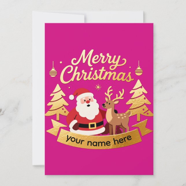 Custom Name Red Gold Santa Reindeer Christmas Card (Front)