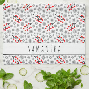 Custom Name Red Grey Scandinavian Floral Pattern Kitchen Towel