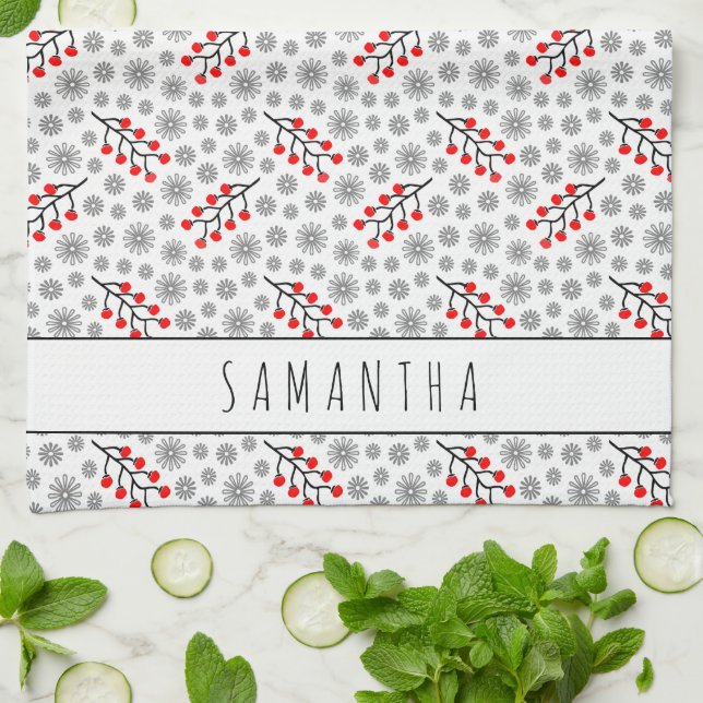 Custom Name Red Grey Scandinavian Floral Pattern Kitchen Towel (Folded)