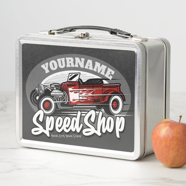 Custom NAME Red HotRod Roadster Speed Shop Garage  Metal Lunch Box (In Situ)