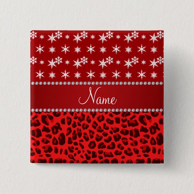 Custom name red leopard red snowflakes red stripe 2 inch square button (Front)