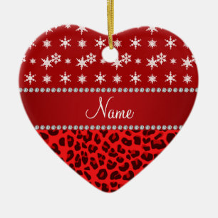 Custom name red leopard red snowflakes red stripe ceramic ornament