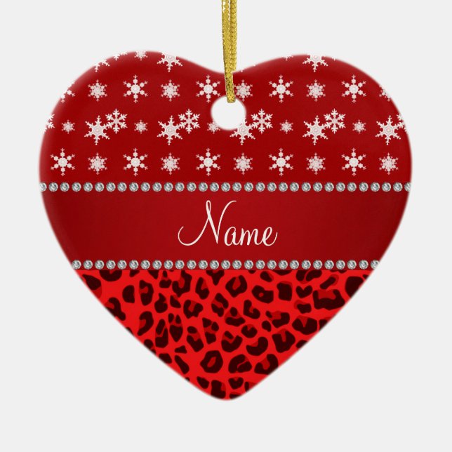 Custom name red leopard red snowflakes red stripe ceramic ornament (Front)