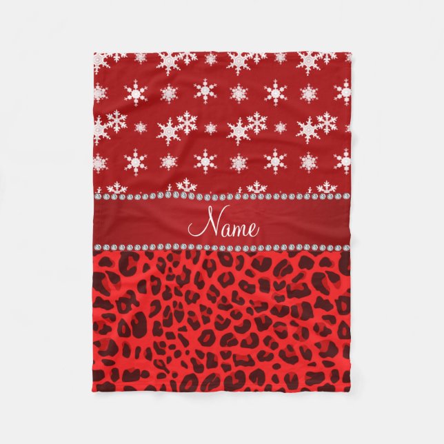 Custom name red leopard red snowflakes red stripe fleece blanket (Front)