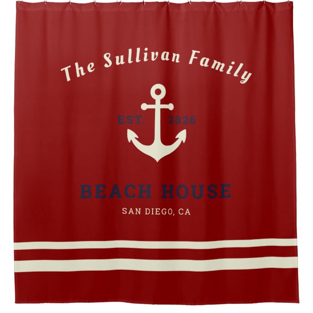 Custom Name Red Nautical Anchor Beach House (Front)