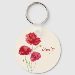 Custom Name  Red Poppies Watercolor Flowers Keychain