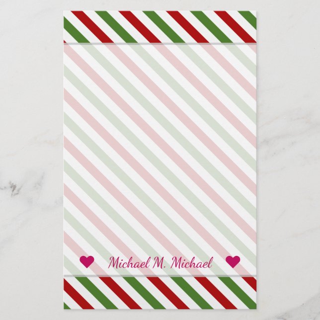 Custom Name + Red, White & Green Striped Pattern Stationery (Front)