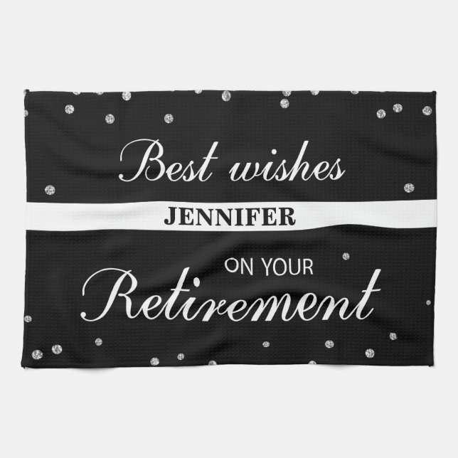 Custom Name, Retirement Congratulations Black Kitchen Towel (Horizontal)