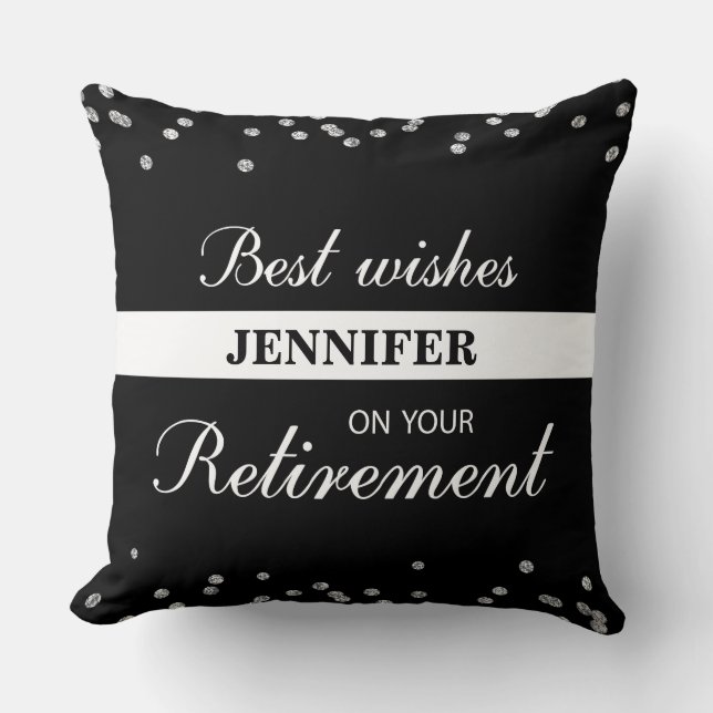 Custom Name, Retirement Congratulations Black Throw Pillow (Front)