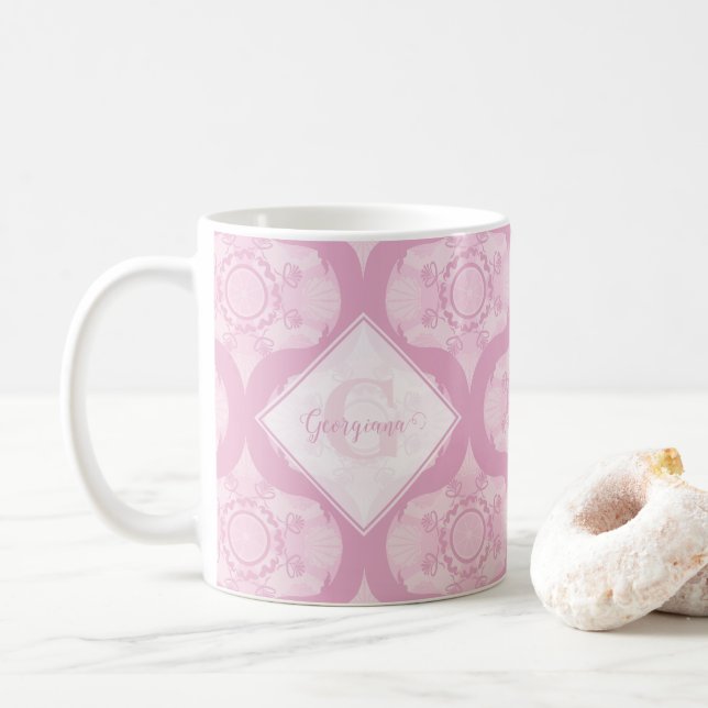 Custom Name Retro 1970s Preppy In Pink Mandala Coffee Mug (With Donut)