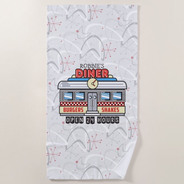 Custom NAME Retro 50s Diner Sign Fifties Atomic Beach Towel (Front)