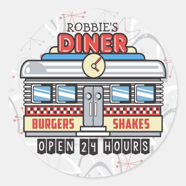 Custom NAME Retro 50s Diner Sign Fifties Atomic Classic Round Sticker (Front)