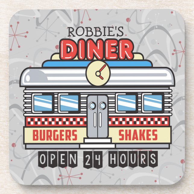Custom NAME Retro 50s Diner Sign Fifties Atomic Coaster (Front)