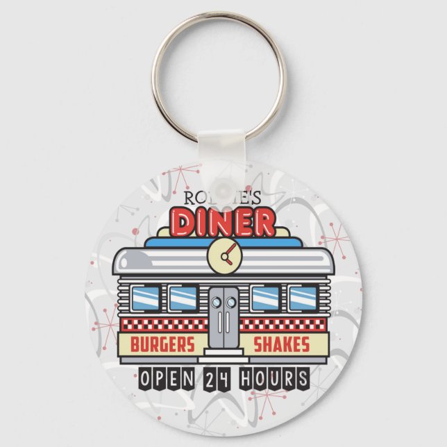 Custom NAME Retro 50s Diner Sign Fifties Atomic Keychain (Front)