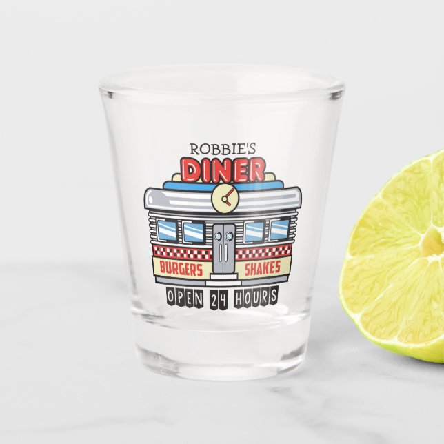 Custom NAME Retro 50s Diner Sign Fifties Atomic Shot Glass (Front)