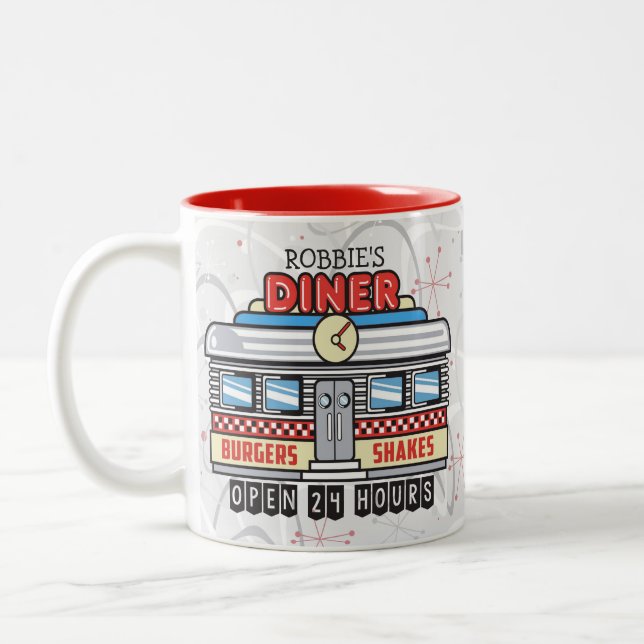 Custom NAME Retro 50s Diner Sign Fifties Atomic Two-Tone Coffee Mug (Left)