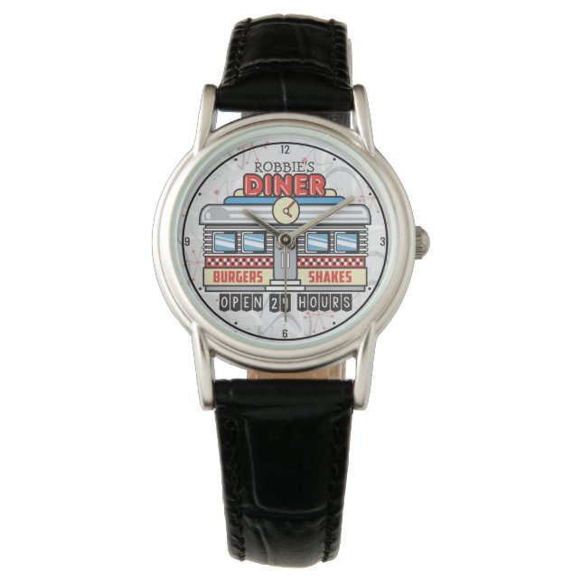 Custom NAME Retro 50s Diner Sign Fifties Atomic Watch (Front)