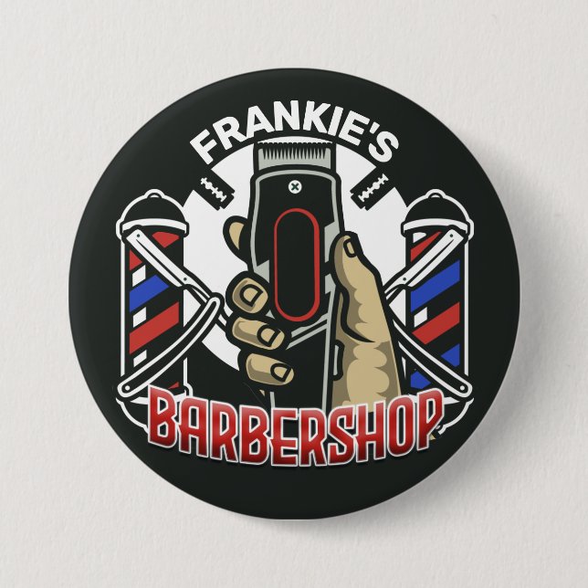 Custom NAME Retro Barber Shop Pole Barbershop 3 Inch Round Button (Front)