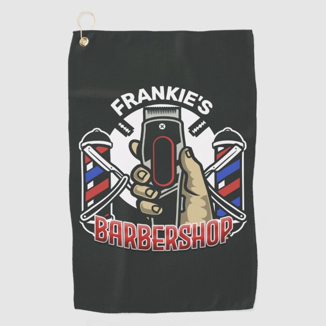 Custom NAME Retro Barber Shop Pole Barbershop Golf Towel (Front)