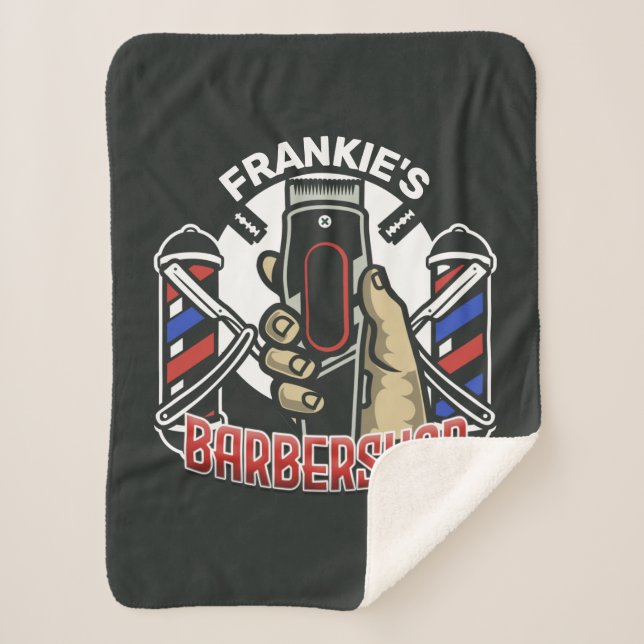 Custom NAME Retro Barber Shop Pole Barbershop Sherpa Blanket (Front)