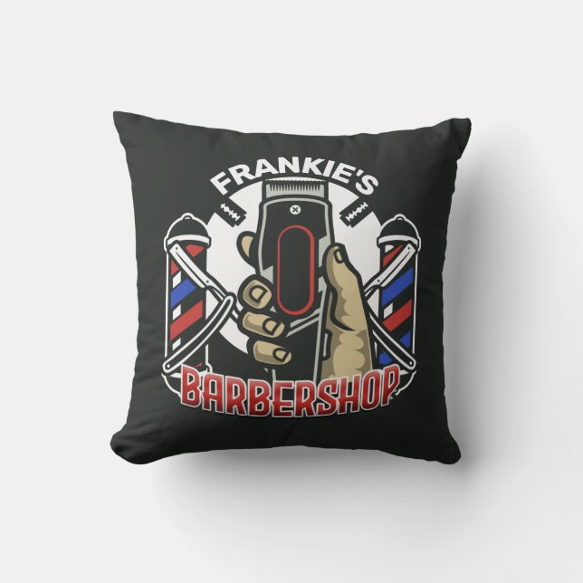 Custom NAME Retro Barber Shop Pole Barbershop Throw Pillow (Front)