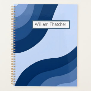 Custom Name Retro Blue Wavy Notebook Planner