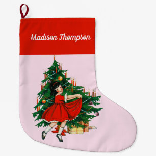 Custom Name Retro Christmas Girl Xmas Tree Pink  Large Christmas Stocking