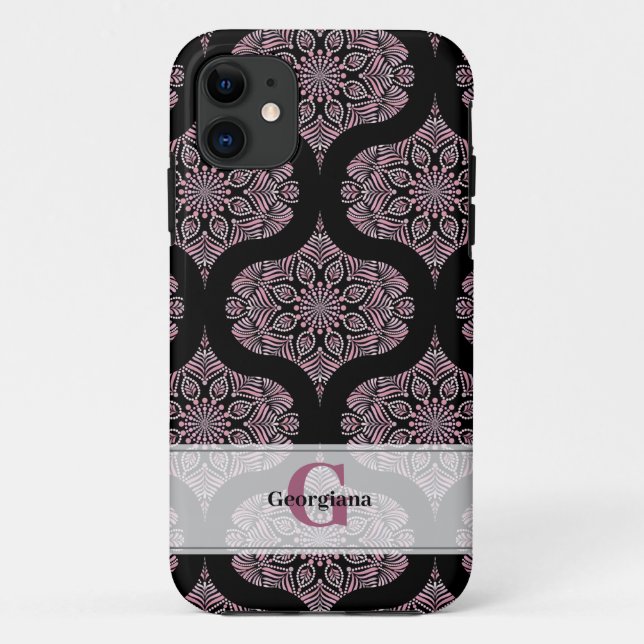Custom Name Retro Dusky Rose Floral Fronds Mandala Case-Mate iPhone Case (Back)