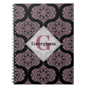 Custom Name Retro Dusky Rose Floral Fronds Mandala Notebook