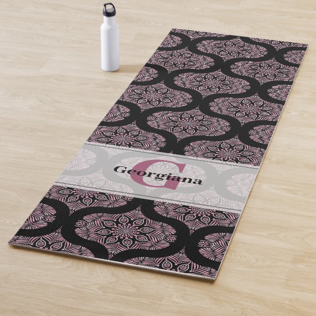 Custom Name Retro Dusky Rose Floral Fronds Mandala Yoga Mat (In Situ)