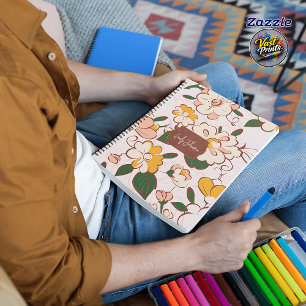 Custom Name Retro Floral Cream Peach Yellow Planner