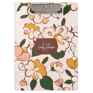 Custom Name Retro Floral Meadow Cream Peach Yellow Clipboard