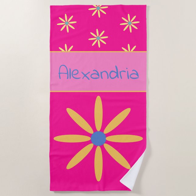 Custom Name Retro Flower Hot Pink Beach Towel (Front)