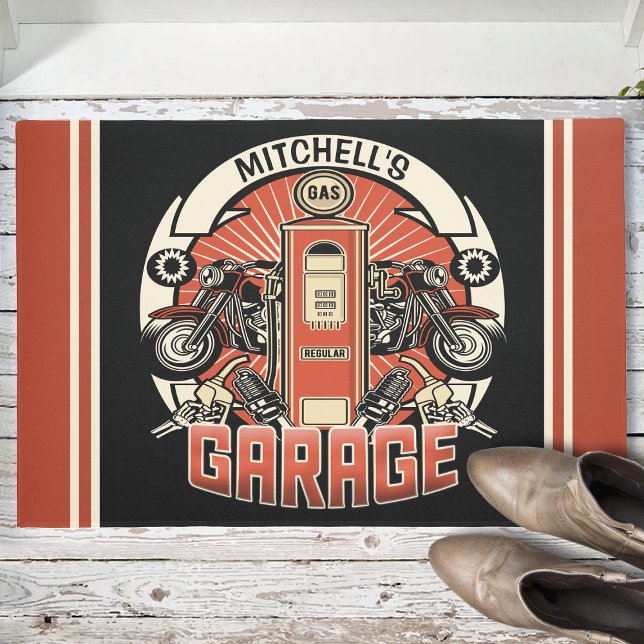 Custom NAME Retro Gas Pump Motorcycle Biker Garage Doormat (Creator Uploaded)