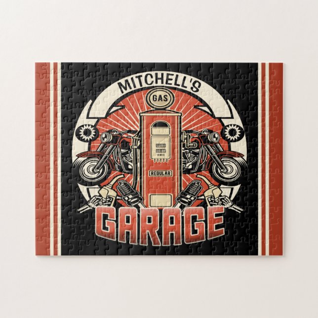 Custom NAME Retro Gas Pump Motorcycle Biker Garage Jigsaw Puzzle (Horizontal)
