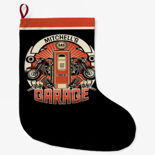 Custom NAME Retro Gas Pump Motorcycle Biker Garage Large Christmas Stocking