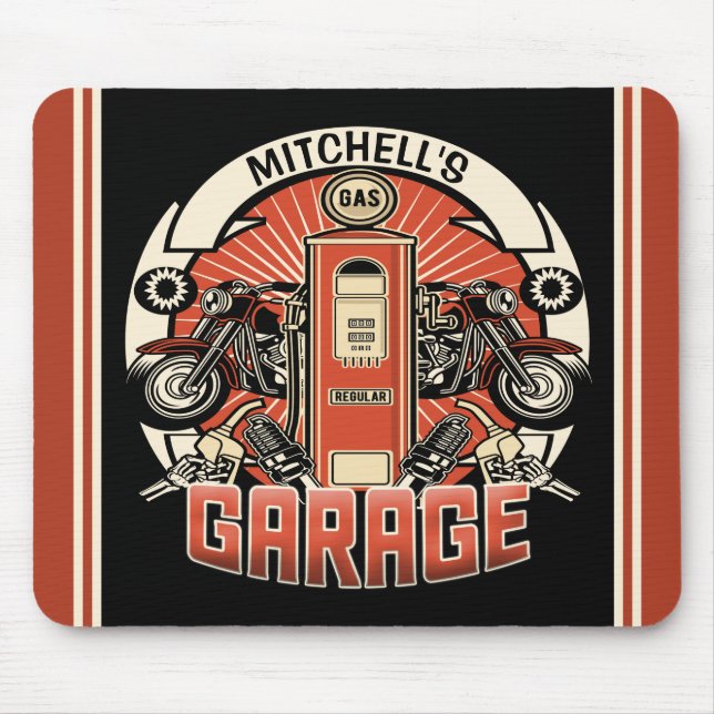 Custom NAME Retro Gas Pump Motorcycle Biker Garage Mouse Pad (Front)