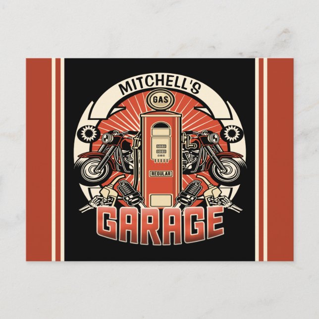 Custom NAME Retro Gas Pump Motorcycle Biker Garage Postcard (Front)