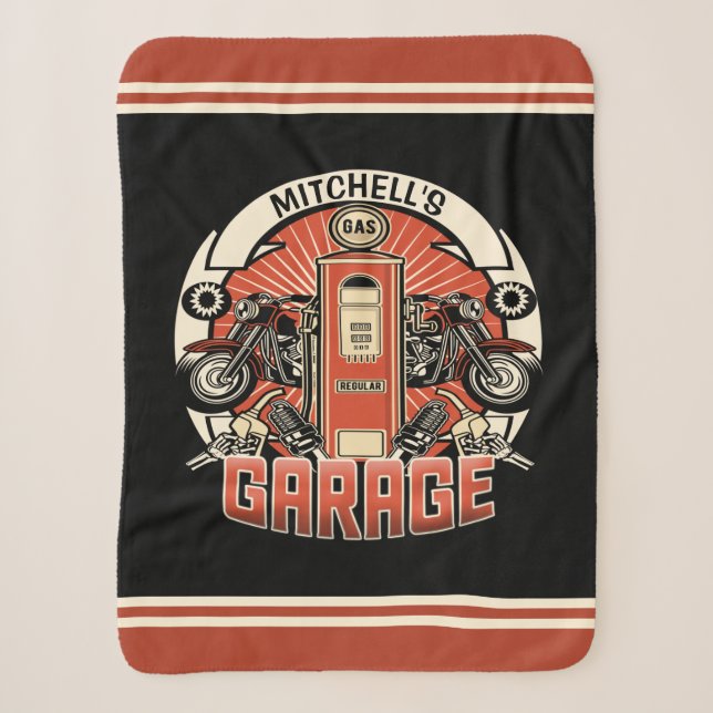 Custom NAME Retro Gas Pump Motorcycle Biker Garage Sherpa Blanket (Front)