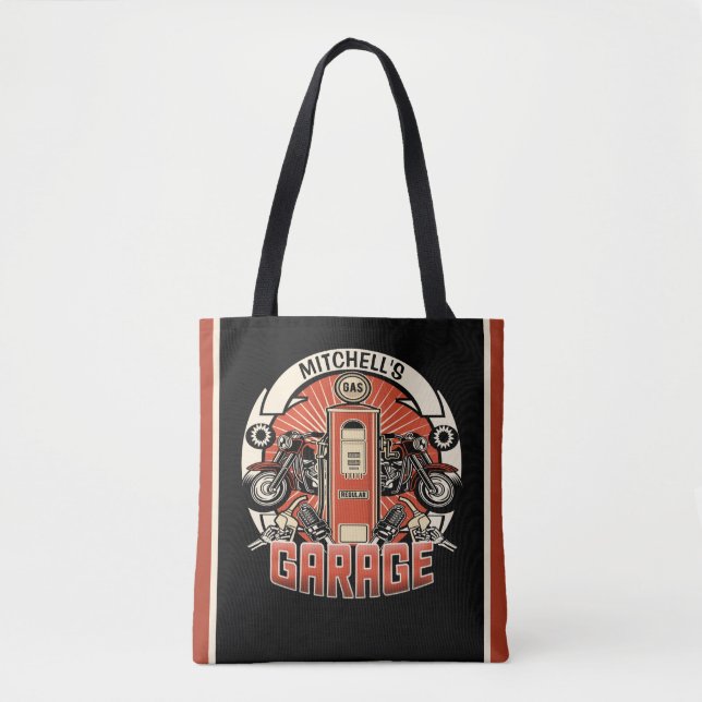 Custom NAME Retro Gas Pump Motorcycle Biker Garage Tote Bag (Front)