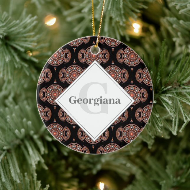 Custom Name Retro Safari Sunset Bohemian Mandala Ceramic Ornament (Tree)