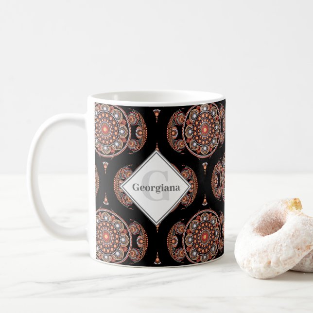 Custom Name Retro Safari Sunset Bohemian Mandala Coffee Mug (With Donut)