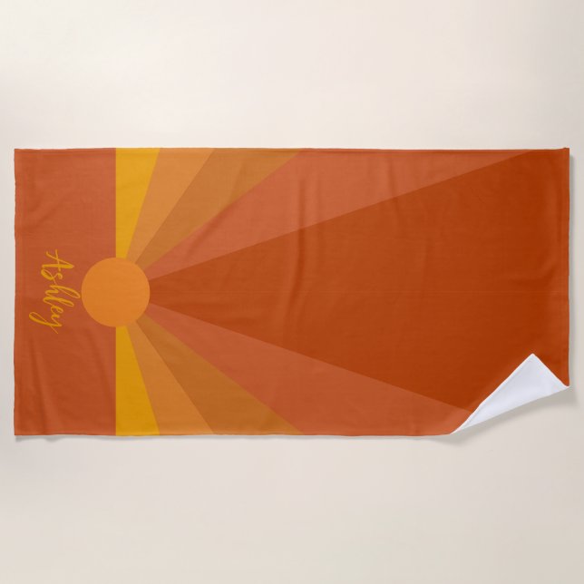 Custom Name Retro Sunset Beach Towel (Front)